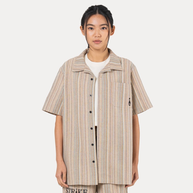 NEW ERA BOWLING CLUB LETS ROLL MULTI STRIPED RELAXED FIT WOVEN SHIRT