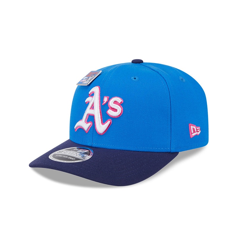 NEW ERA X BIG LEAGUE CHEW OAKLAND ATHLETICS NAVY VISOR MED BLUE 9SEVENTY STRETCH SNAP CAP