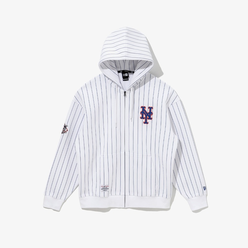NEW YORK METS STRIPE WHITE ZIP FRONT HOODIE