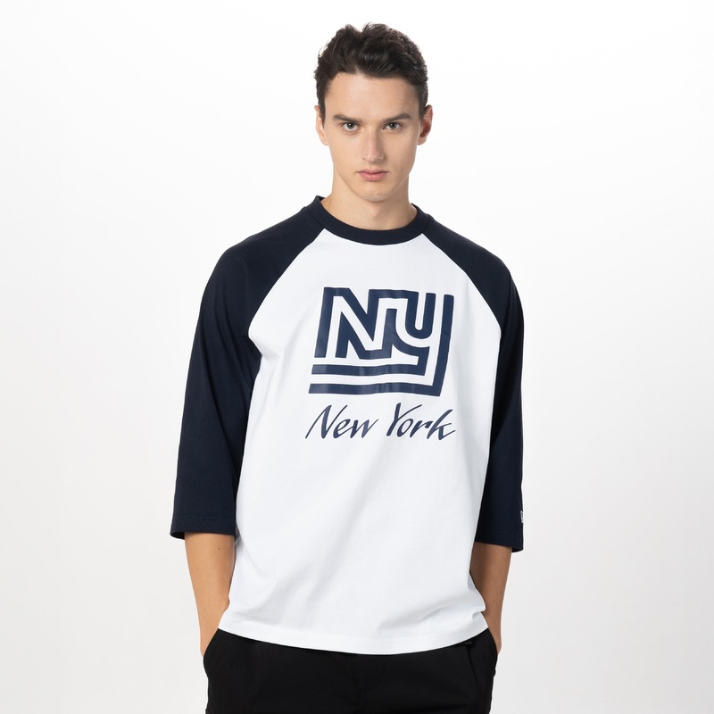 NEW YORK GIANTS NFL CANVAS WASH WHITE NAVY RAGLAN SLEEVE T-SHIRT