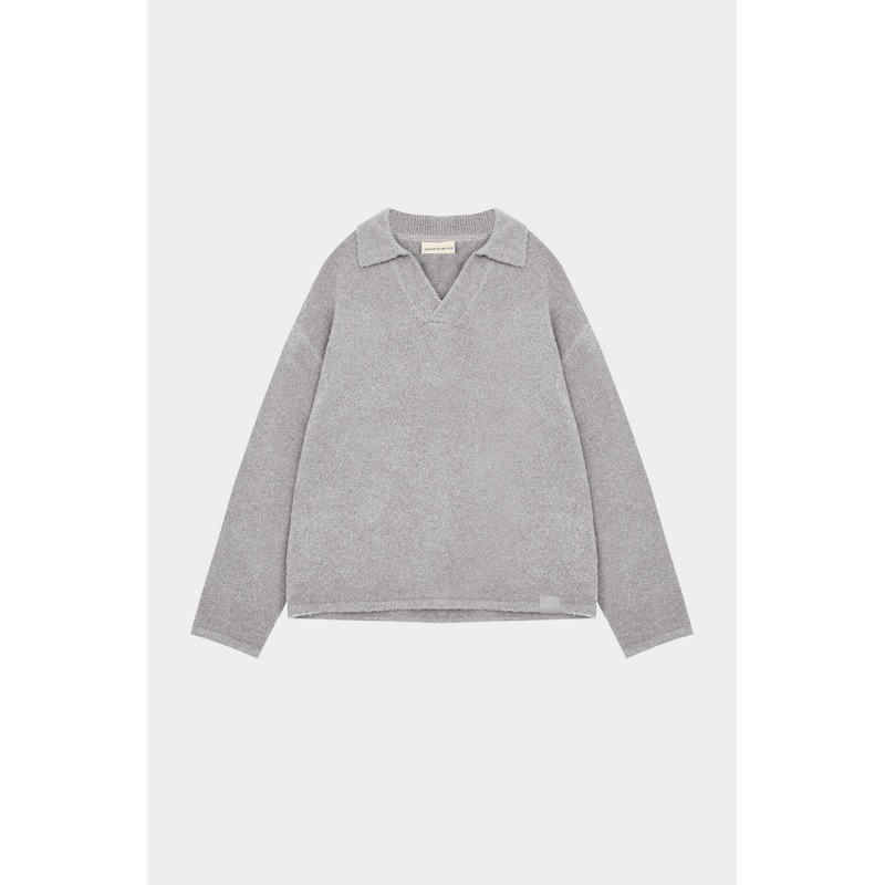 BOUCLE KNIT LONG SLEEVE POLO – GREY MARL
