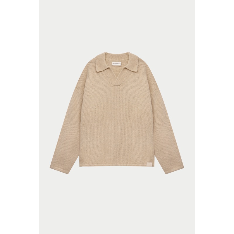 BOUCLE KNIT LONG SLEEVE POLO – STONE