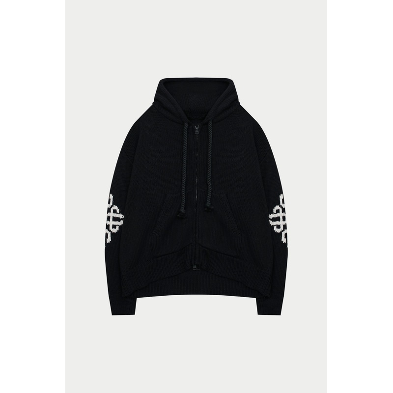 CHUNKY KNIT EMBLEM ZIP THROUGH HOODIE – BLACK