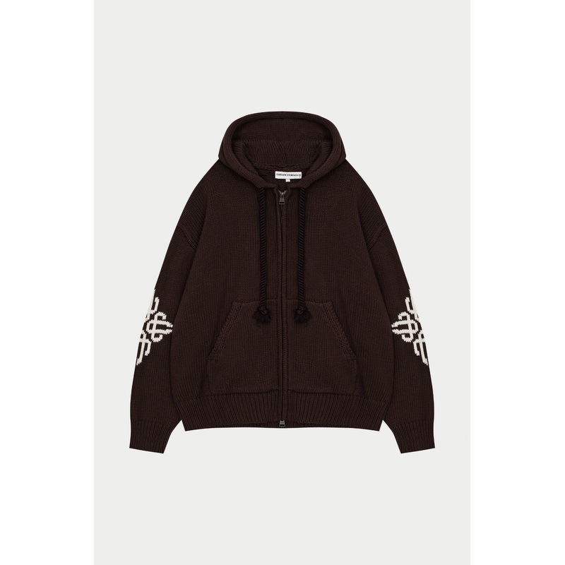 CHUNKY KNIT EMBLEM ZIP THROUGH HOODIE – CHOCOLATE