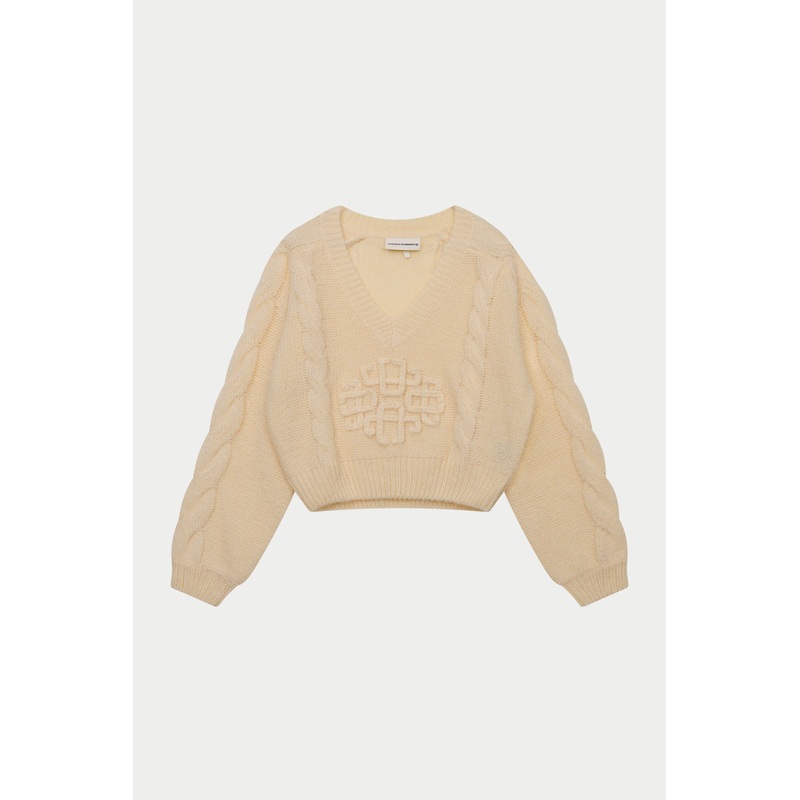 EMBLEM KNITTED V NECK JUMPER – BUTTERMILK