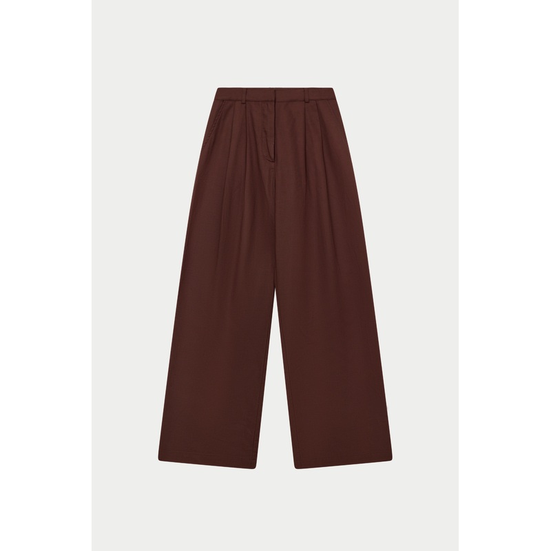 LINEN BLEND WIDE LEG PLEATED TROUSERS – CHOCOLATE