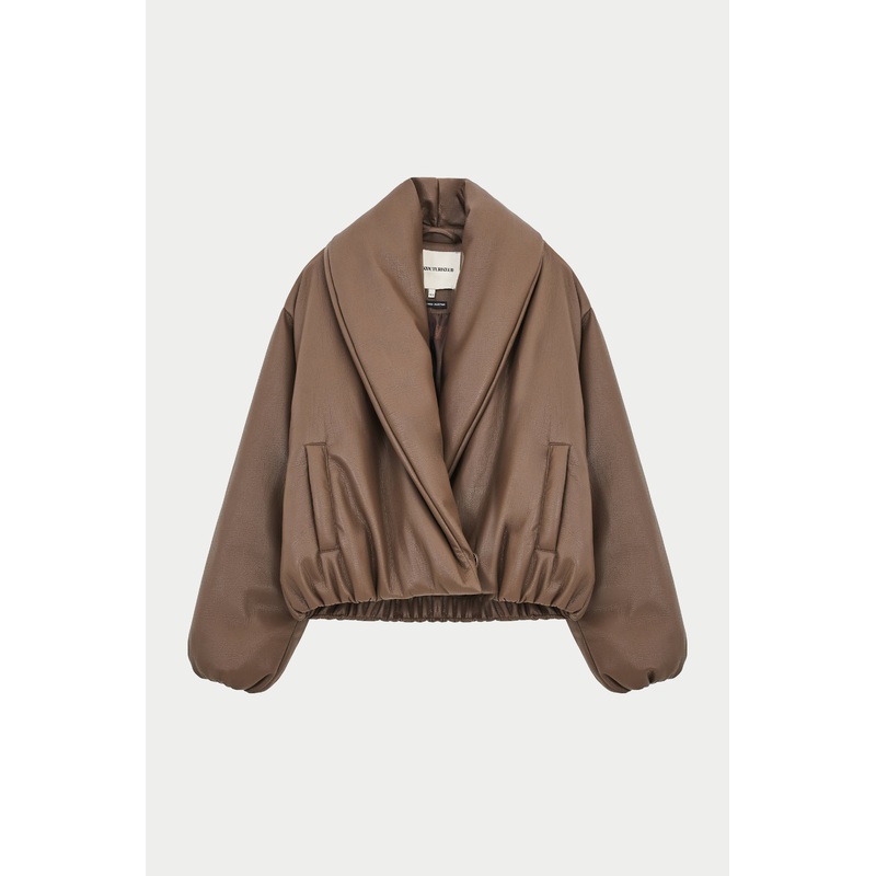 OVERSIZED COLLAR FAUX LEATHER PUFFER COAT – BROWN