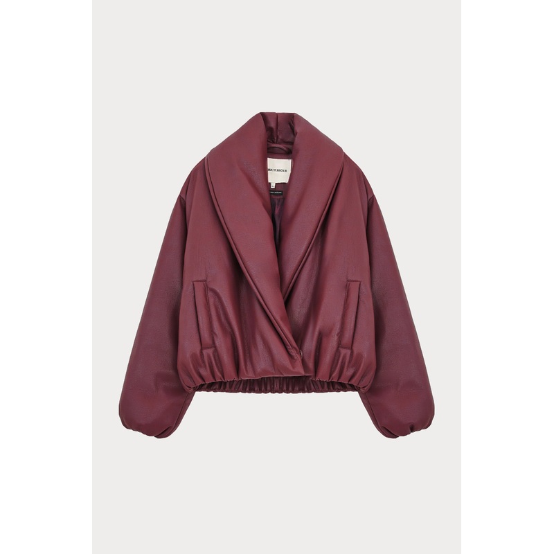 OVERSIZED COLLAR FAUX LEATHER PUFFER COAT – BURGUNDY