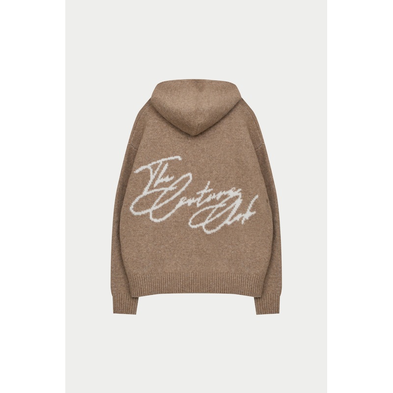 SCRIPT LOGO GRAPHIC KNITTED HOODIE – BEIGE