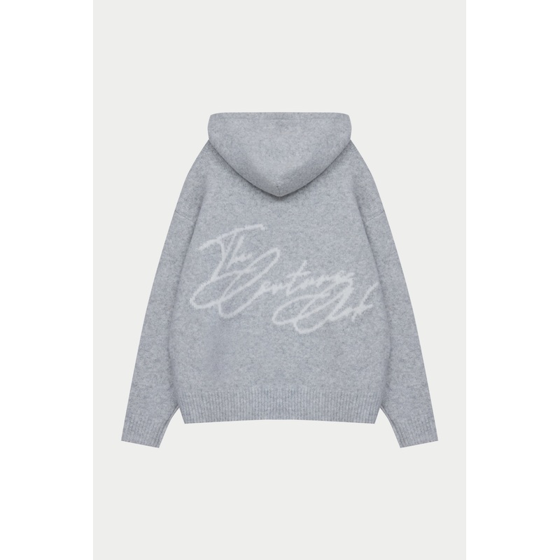 SCRIPT LOGO GRAPHIC KNITTED HOODIE – GREY MARL