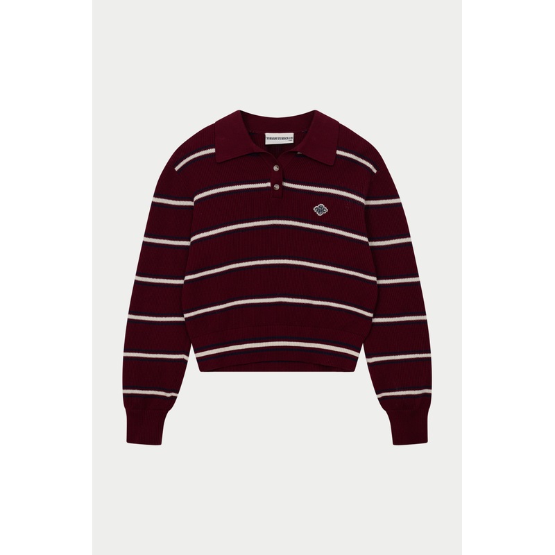 STRIPE KNITTED BUTTON THROUGH POLO – BURGUNDY