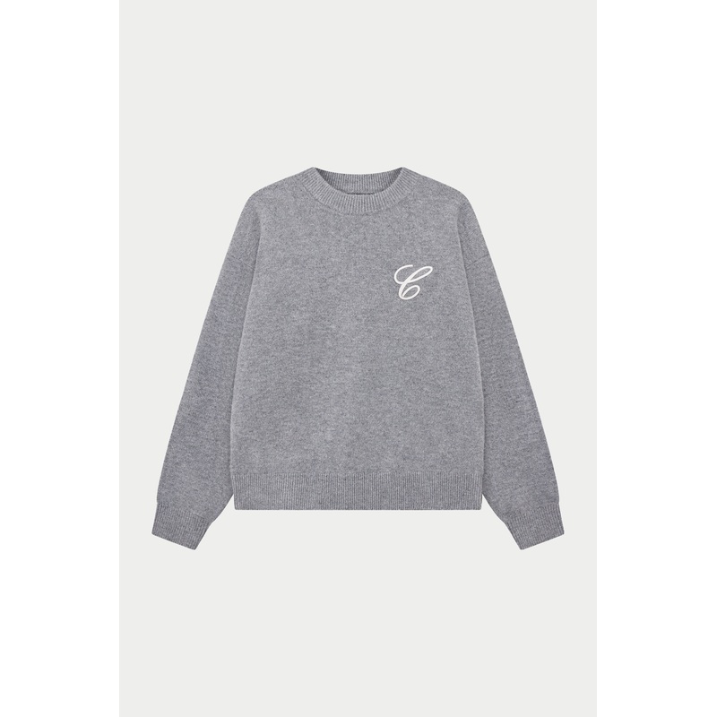 C EMBROIDERY KNITTED CREW – GREY MARL