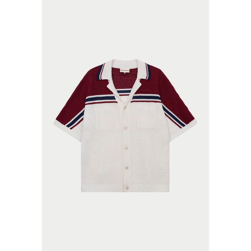 COLOUR BLOCK KNITTED STRIPE SHIRT – BURGUNDY