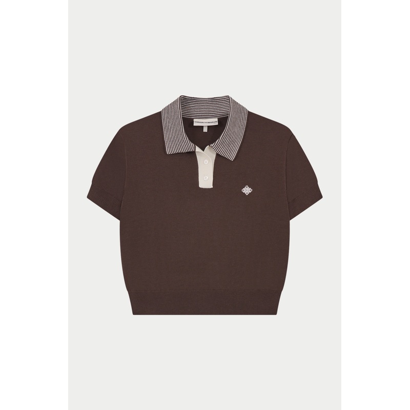 KNITTED COLLAR POLO TOP – BROWN