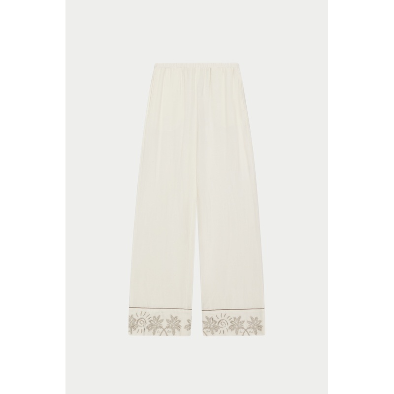 PALM EMBROIDERED WIDE LEG TROUSERS – OFF WHITE