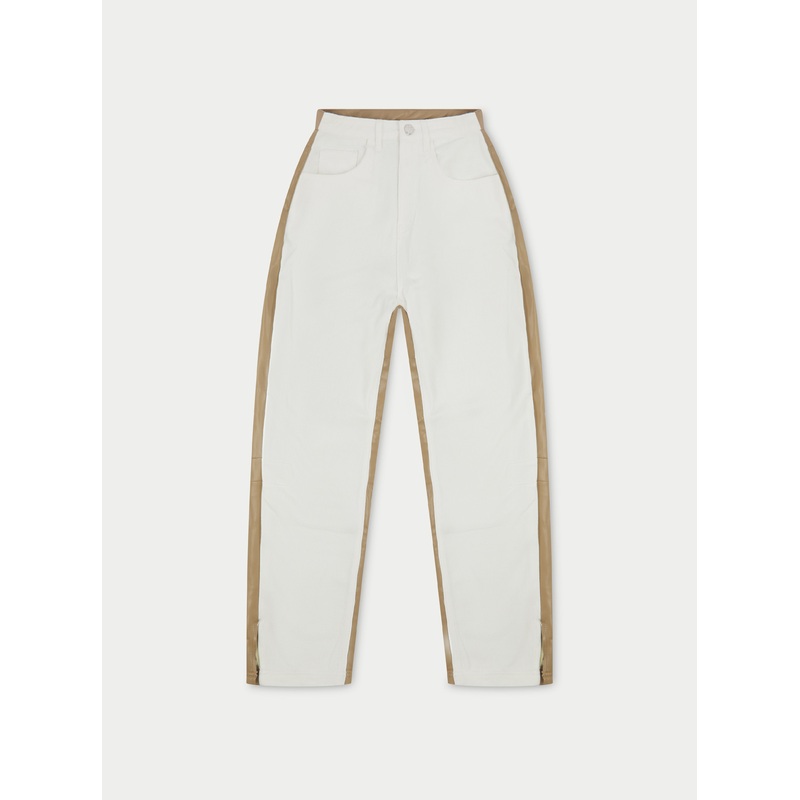 PU SPLICED DENIM JEANS – OFF WHITE/BEIGE