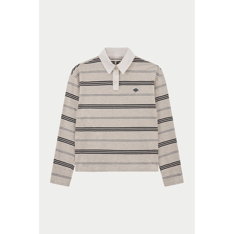 STRIPED LONG SLEEVE POLO TEE – GREY MARL