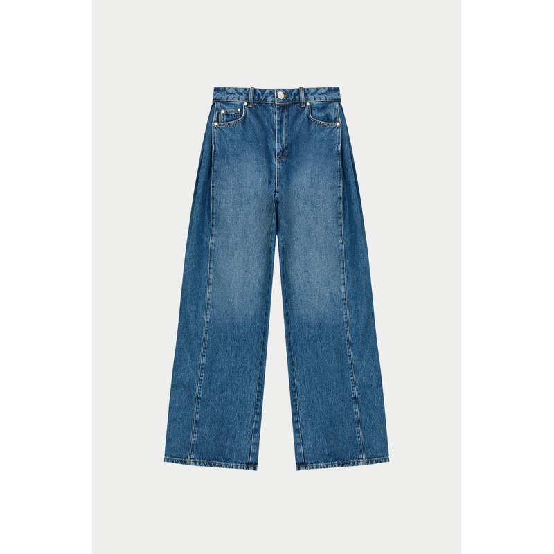 ADJUSTABLE PLEAT DETAIL WIDE LEG JEANS – VINTAGE BLUE WASH