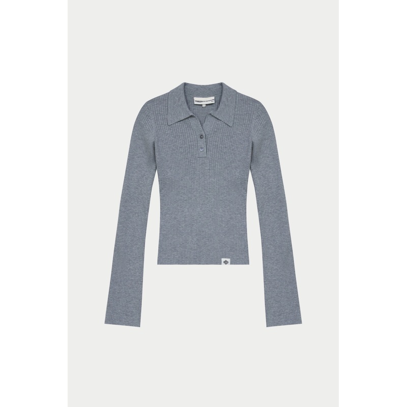 KNITTED RIBBED BUTTON THROUGH TOP – GREY MARL