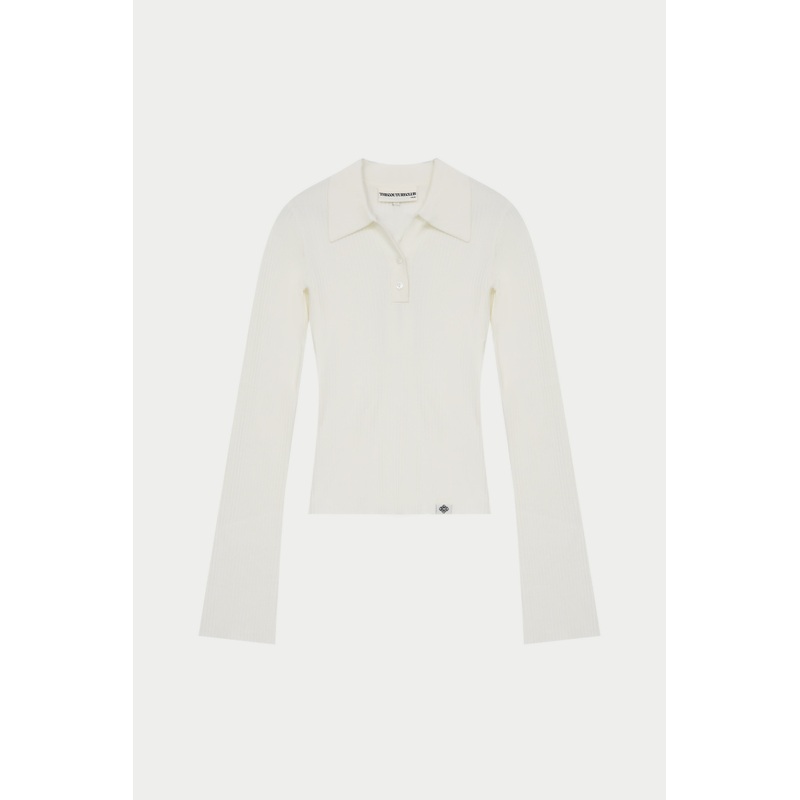 KNITTED RIBBED BUTTON THROUGH TOP – OFF WHITE