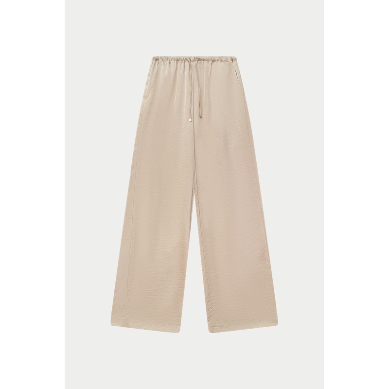 SATIN WIDE LEG EMBLEM TROUSERS – BEIGE