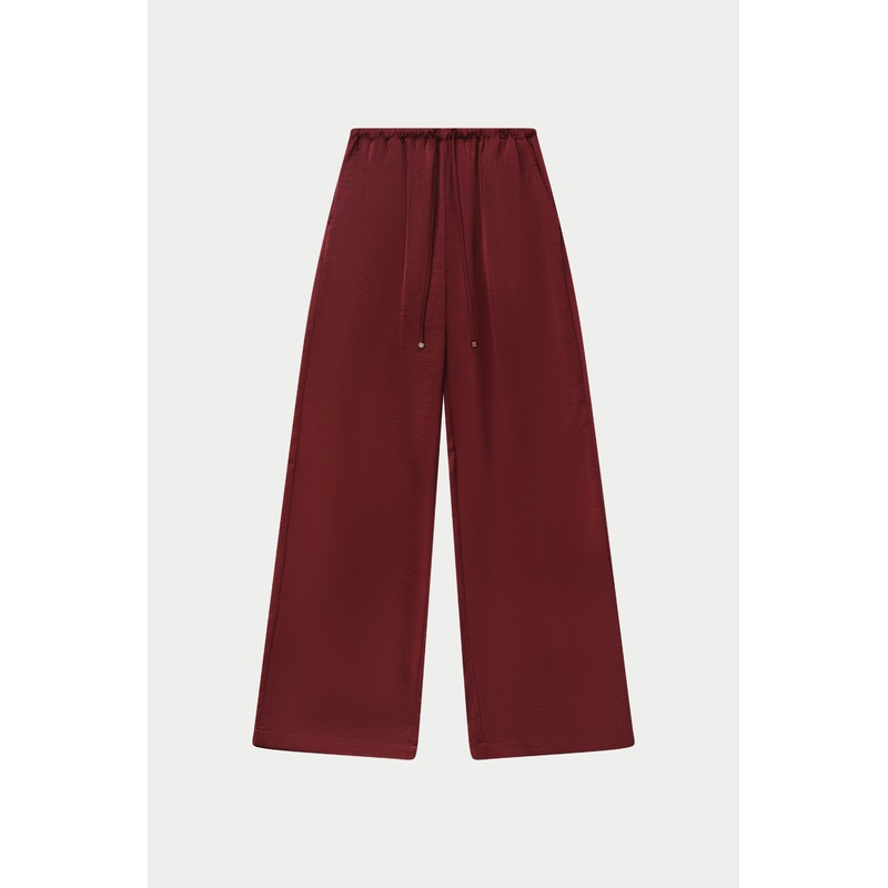 SATIN WIDE LEG EMBLEM TROUSERS – BURGUNDY