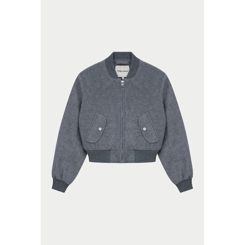SHOULDER PADDED WOOL BLEND BOMBER JACKET – GREY MARL