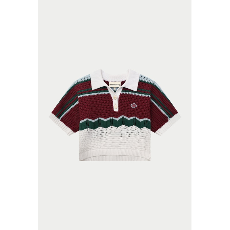 STRIPE CROCHET KNITTED OPEN COLLAR SHIRT – BURGUNDY