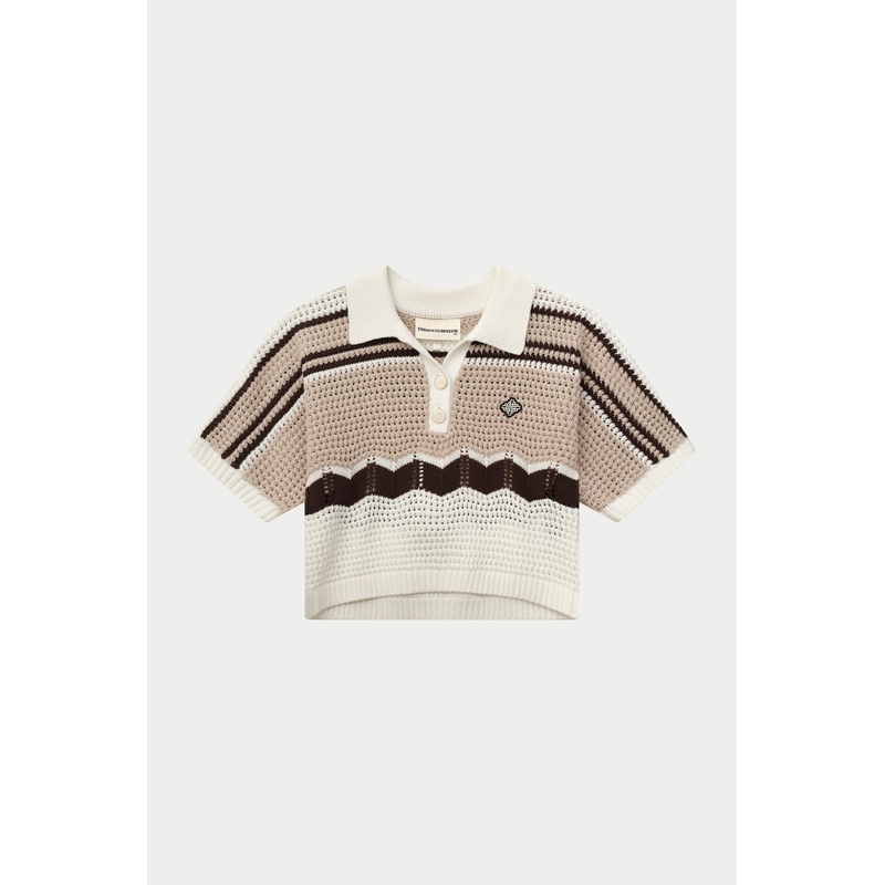 STRIPE CROCHET KNITTED OPEN COLLAR SHIRT – OFF WHITE