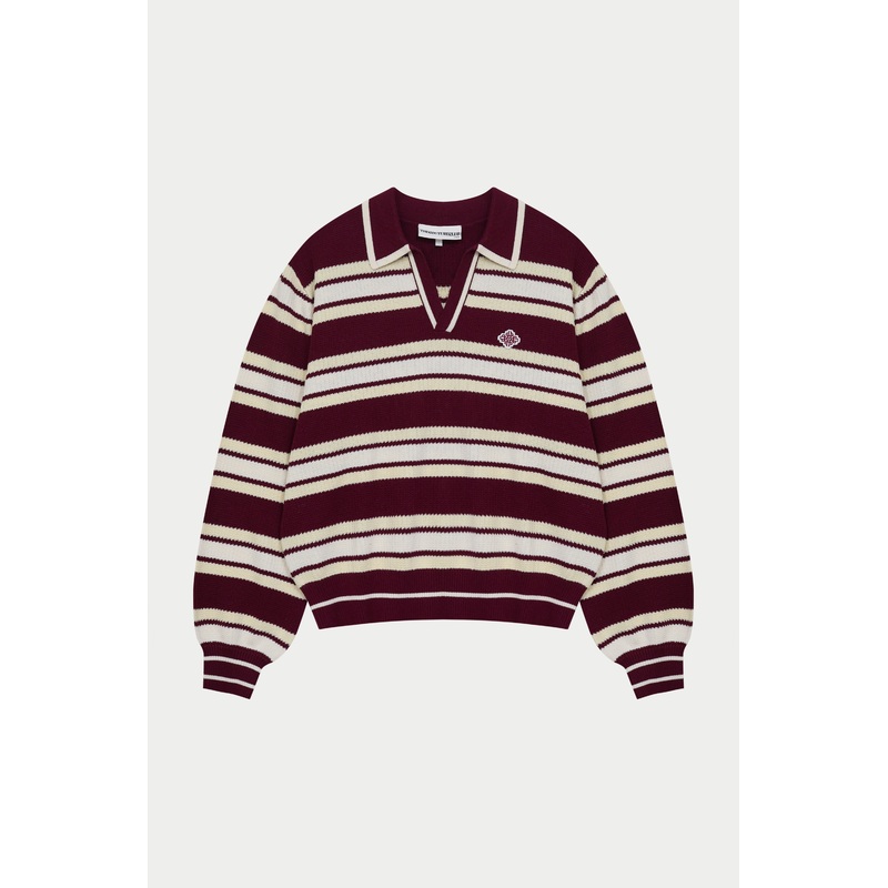 STRIPE KNITTED POLO SWEATSHIRT – BURGUNDY