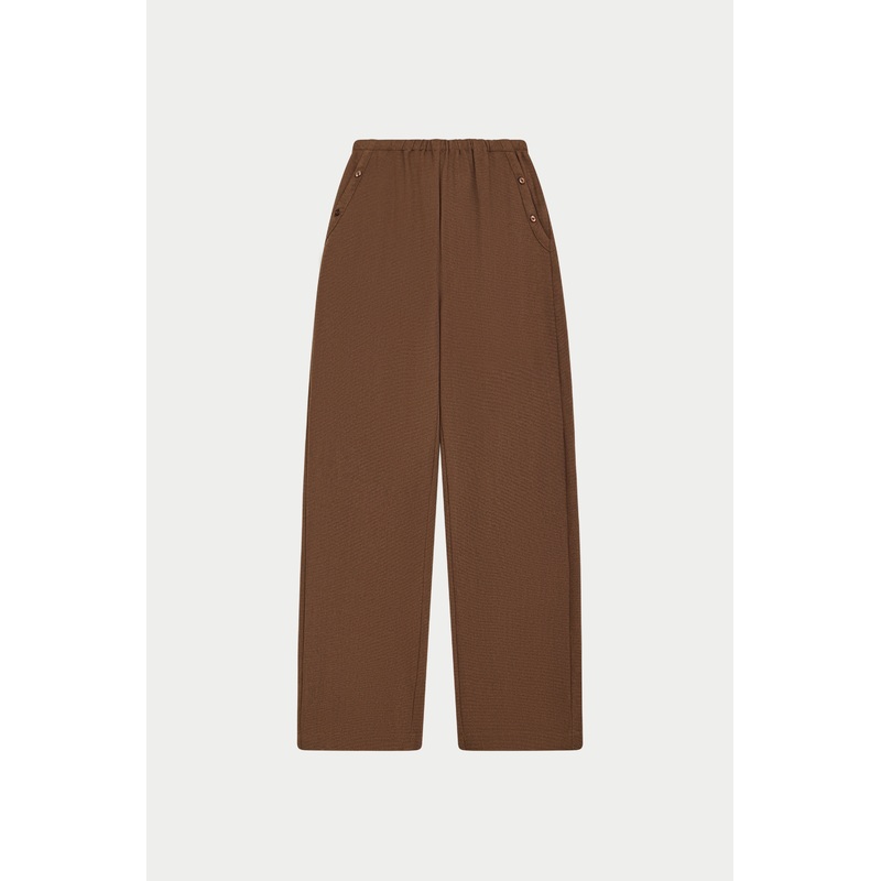 TEXTURED LINEN BUTTON DETAIL TROUSER – BROWN