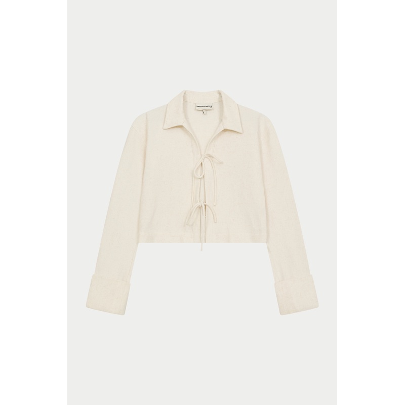 TEXTURED LINEN TIE FRONT SHIRT – BEIGE