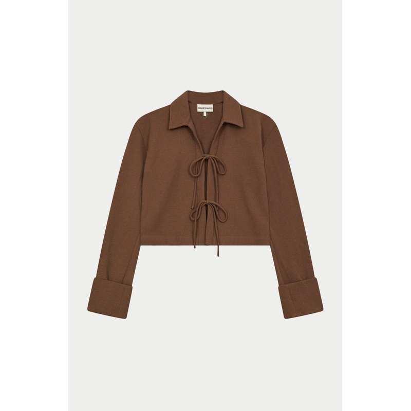 TEXTURED LINEN TIE FRONT SHIRT – BROWN