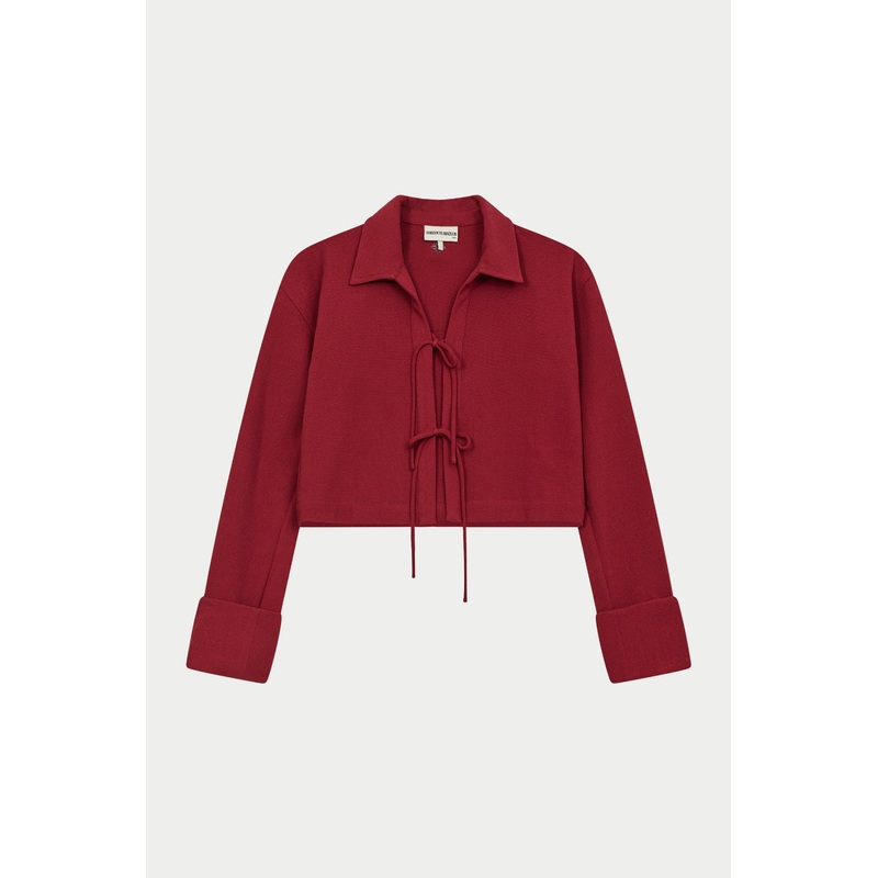 TEXTURED LINEN TIE FRONT SHIRT – BURGUNDY