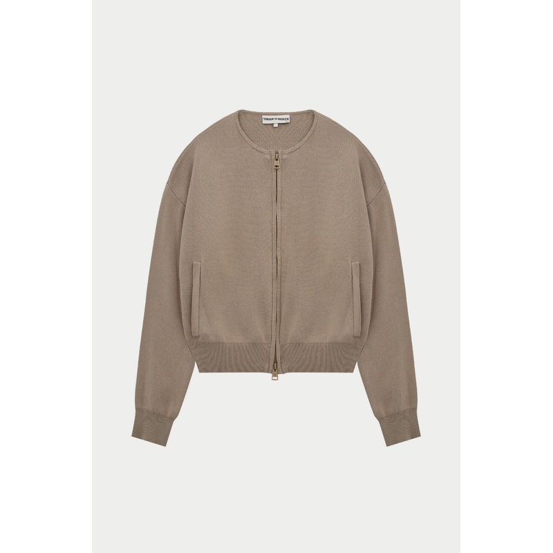 COLLARLESS KNITTED ZIP THROUGH BOMBER – BEIGE