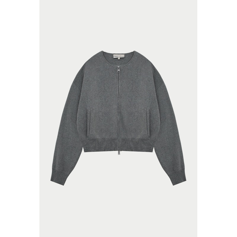 COLLARLESS KNITTED ZIP THROUGH BOMBER – GREY MARL