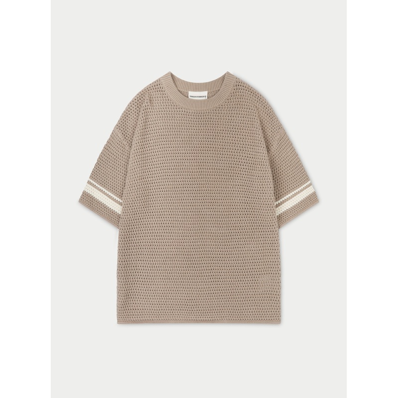 CROCHET KNITTED CONTRAST STRIPE T-SHIRT – BROWN