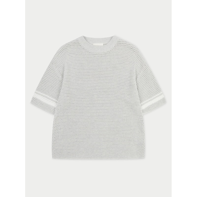 CROCHET KNITTED CONTRAST STRIPE T-SHIRT – GREY