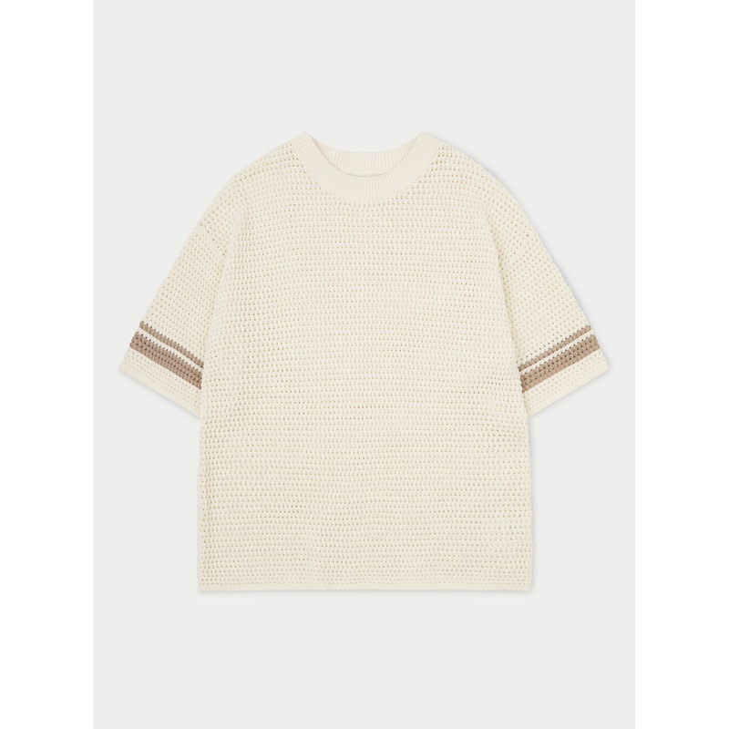 CROCHET KNITTED CONTRAST STRIPE T-SHIRT – OFF WHITE