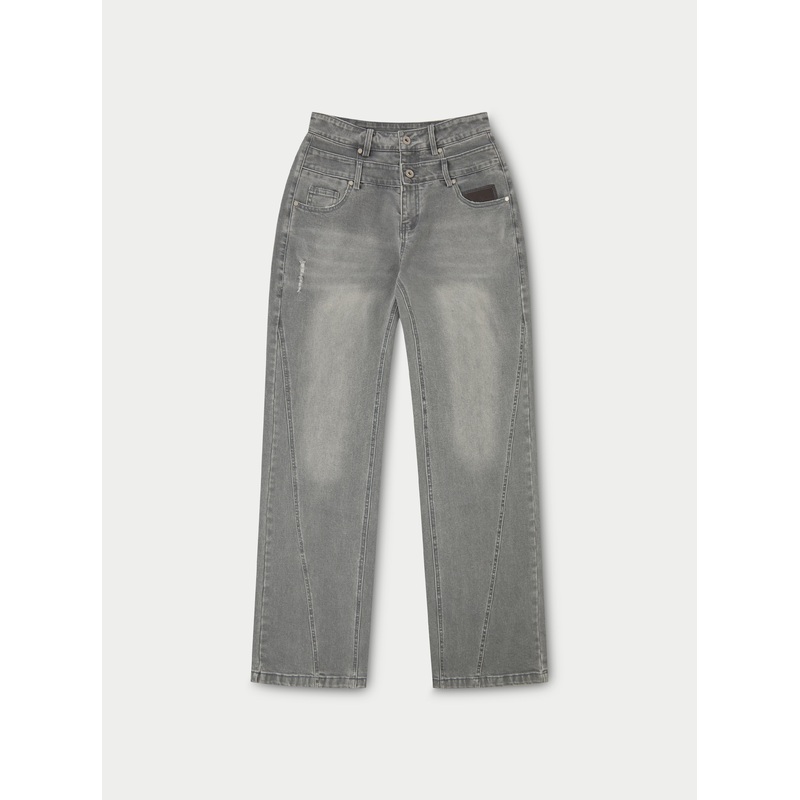 DISTRESSED DOUBLE WAISTBAND JEANS – GREY WASH