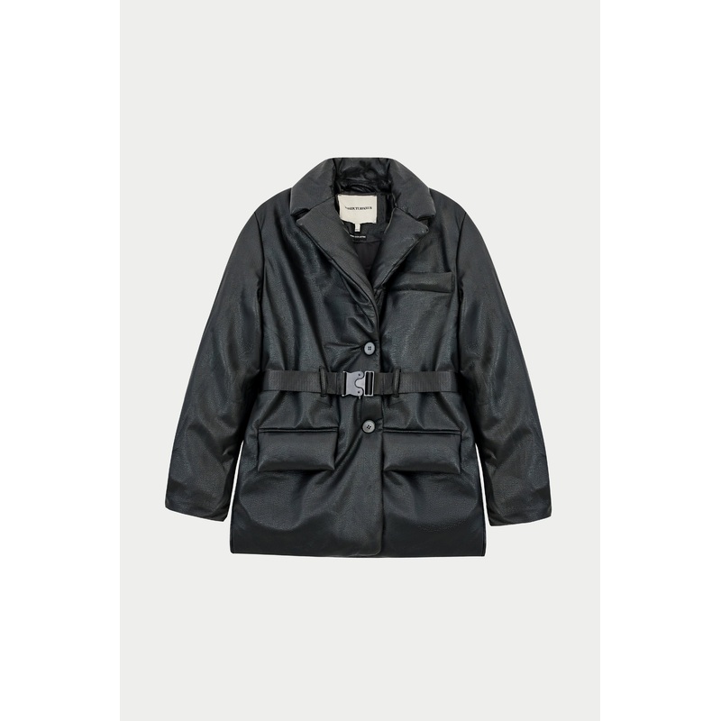 FAUX LEATHER PADDED BLAZER COAT – BLACK