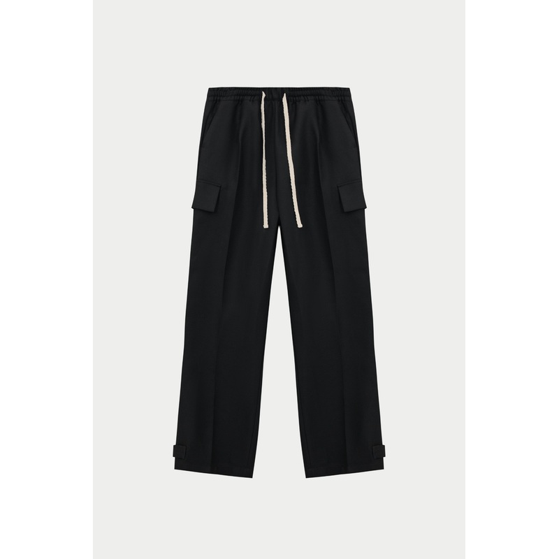 PLEATED WIDE LEG WOOL BLEND TROUSER – BLACK