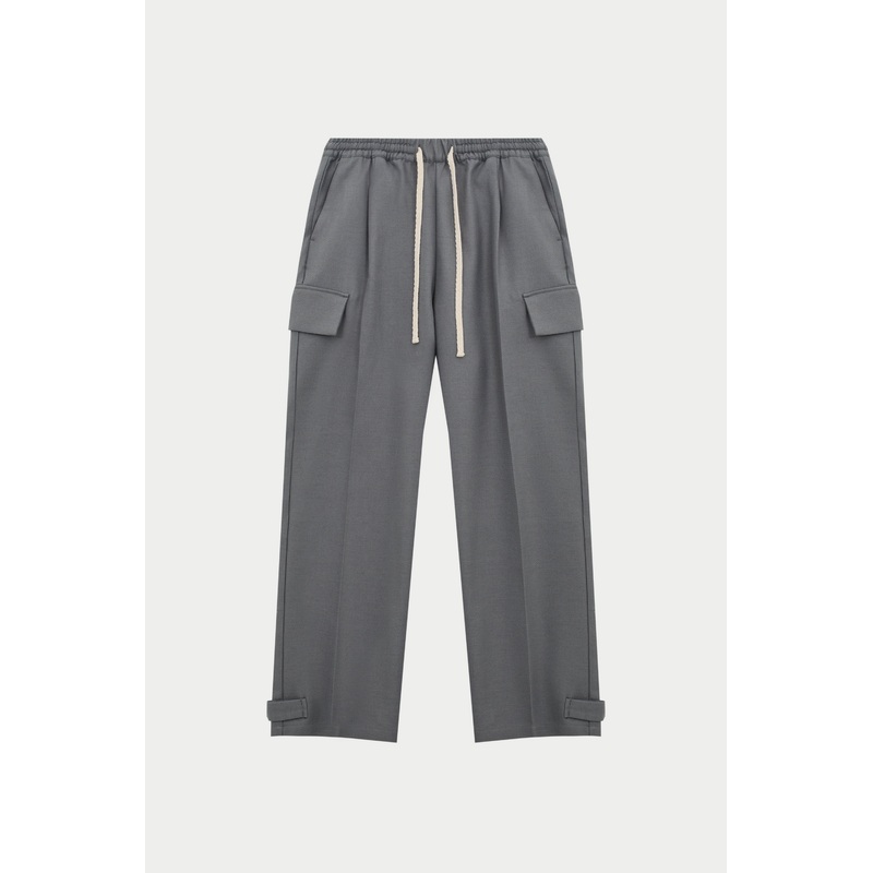 PLEATED WIDE LEG WOOL BLEND TROUSER – GREY