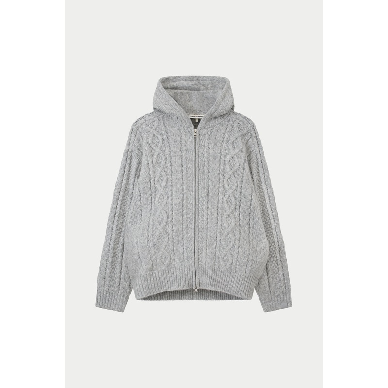 CABLE KNIT ZIP THROUGH HOODIE – GREY