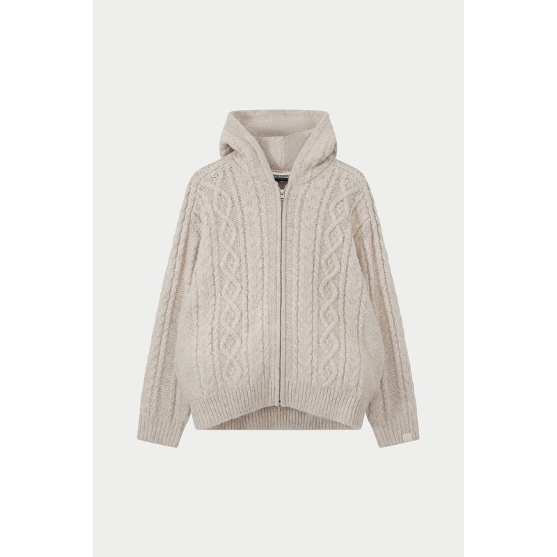 CABLE KNIT ZIP THROUGH HOODIE – STONE