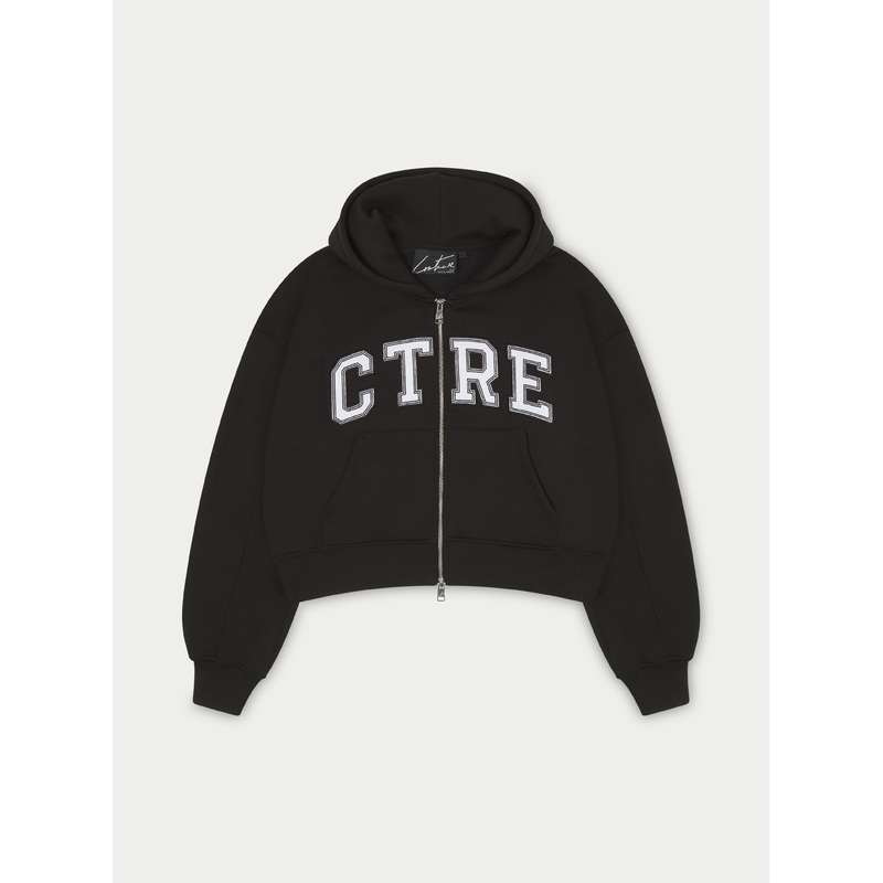 CTRE CROPPED ZIP THROUGH HOODIE – BLACK