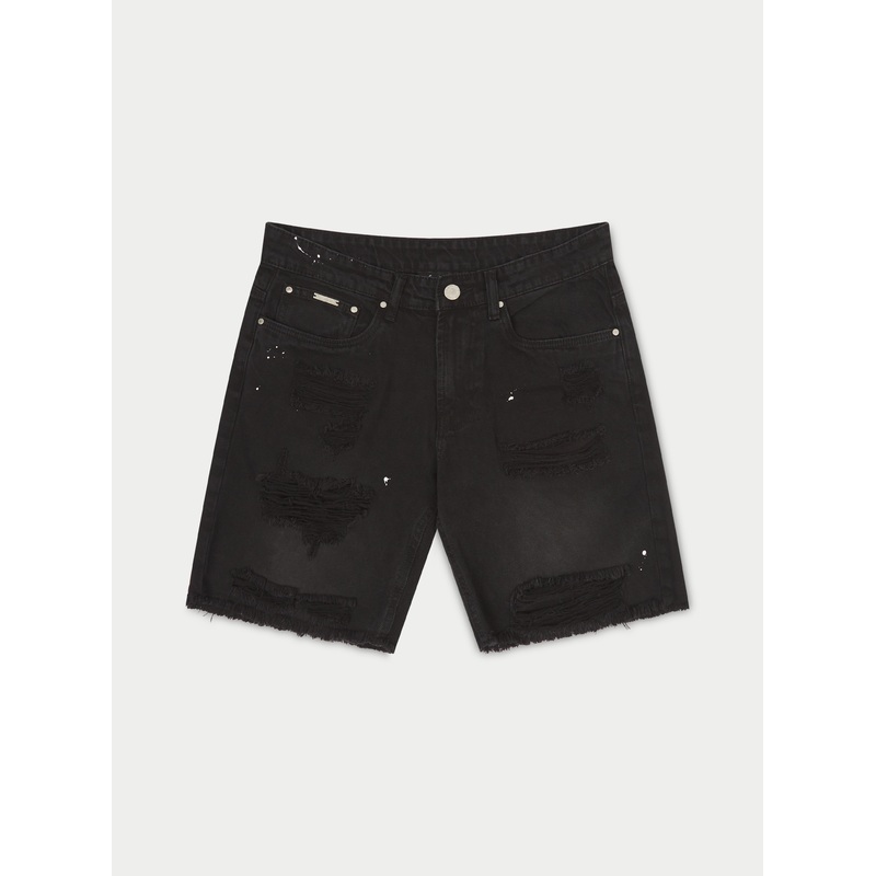 DISTRESSED RAW HEM DENIM SHORTS – WASHED BLACK