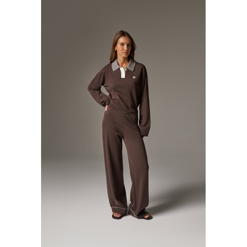 LONG SLEEVE KNITTED COLLAR POLO TOP – BROWN