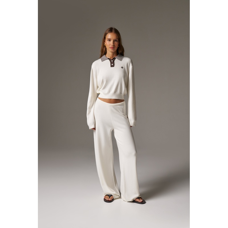 LONG SLEEVE KNITTED COLLAR POLO TOP – CREAM