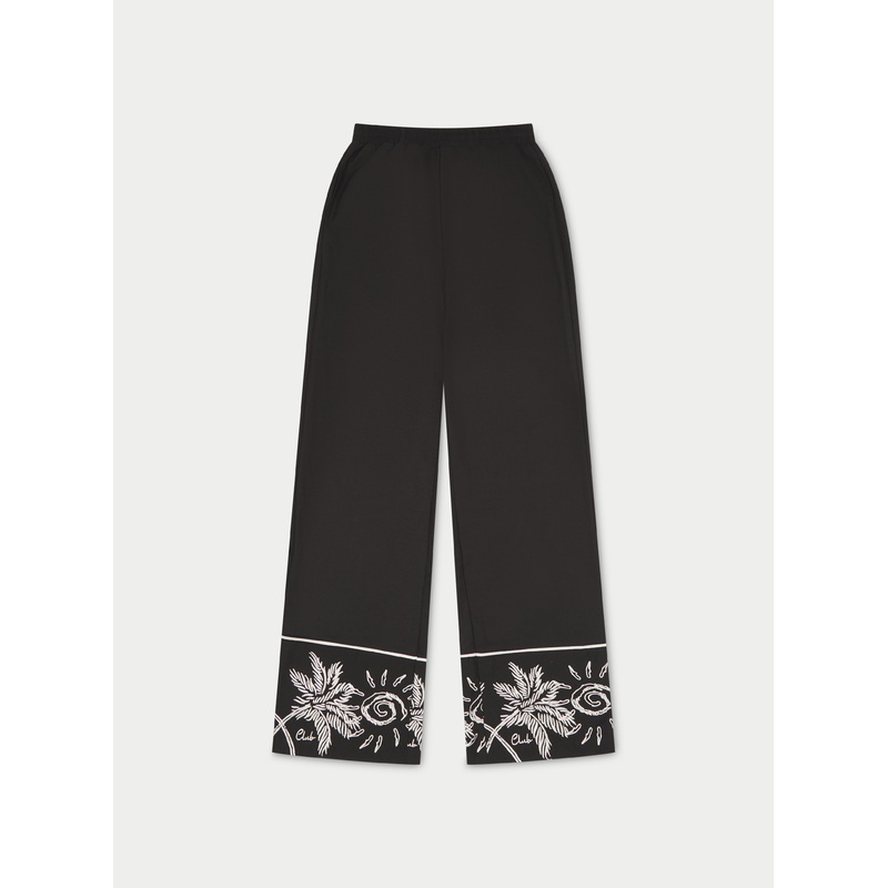 PALM EMBROIDERY WIDE LEG TROUSERS – BLACK